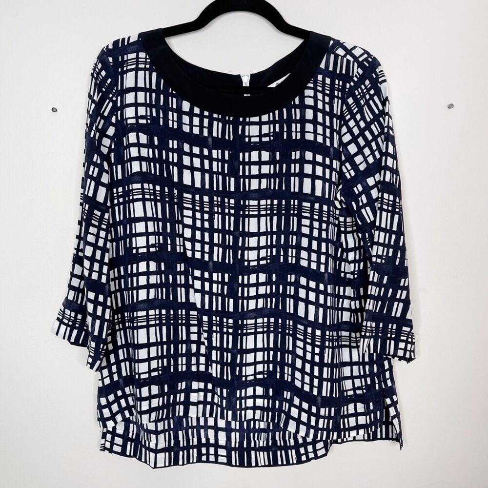 Madewell Medium Silk Retrospect Brushstroke Plaid Blouse Top Blue White Mulberry
